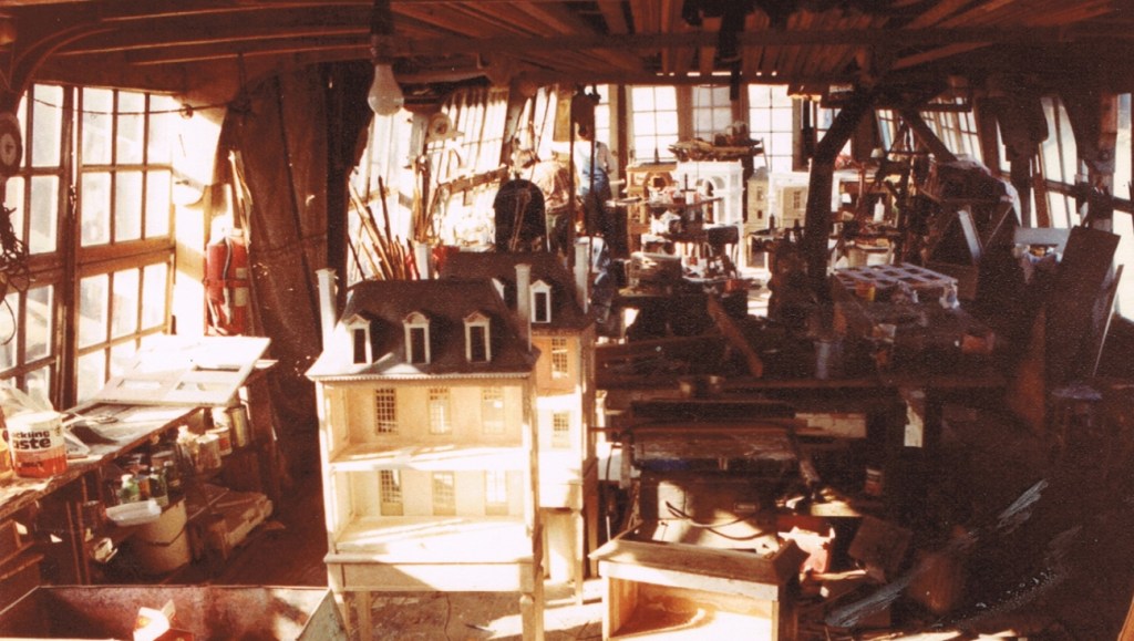 Dollhouses in production, painted white on Erics houseboat studio