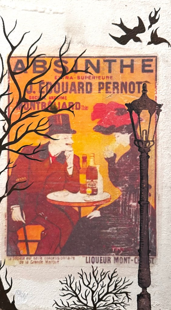 A man and woman sit at a table wearing fancy hats. The man on the left wears a black top hat while the woman on the right is in a red feathered cap. The foreground has a tree stretching across the frame and a lamp post to the right with three birds in flight above. 