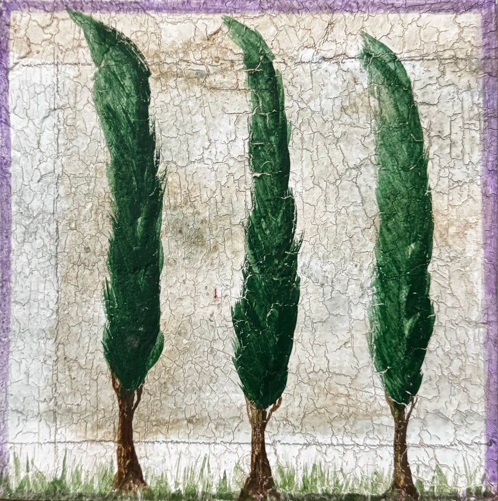 Three cypress trees blowing in the wind against a light background with a hint of a purple border. 