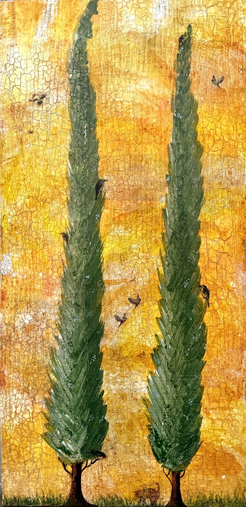 Two cypress trees standing tall on a yellow background flocked by birds with a single cat underneath.