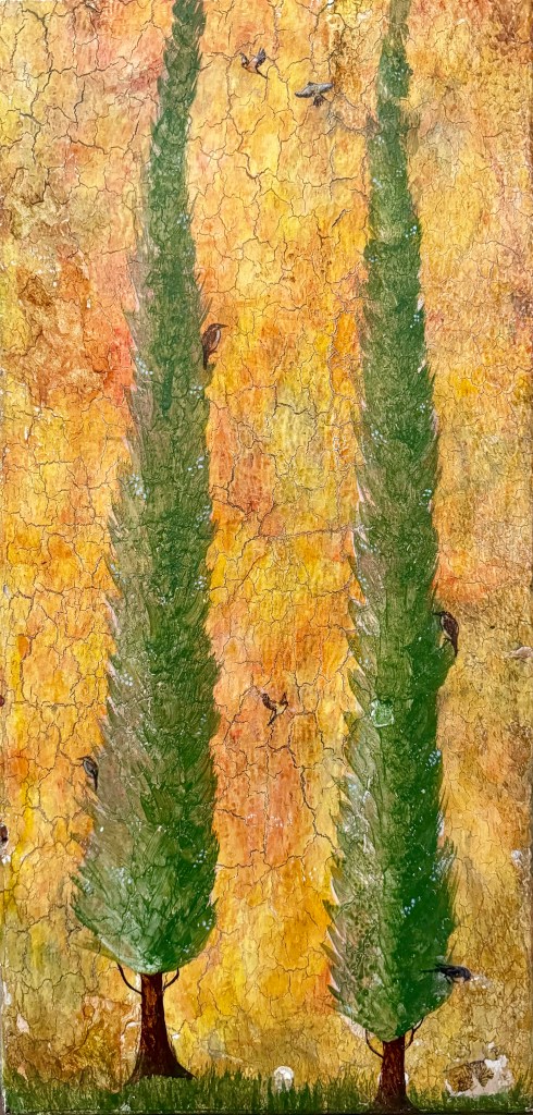 Two cypress trees standing tall on a yellow background flocked by birds with a single cat underneath.