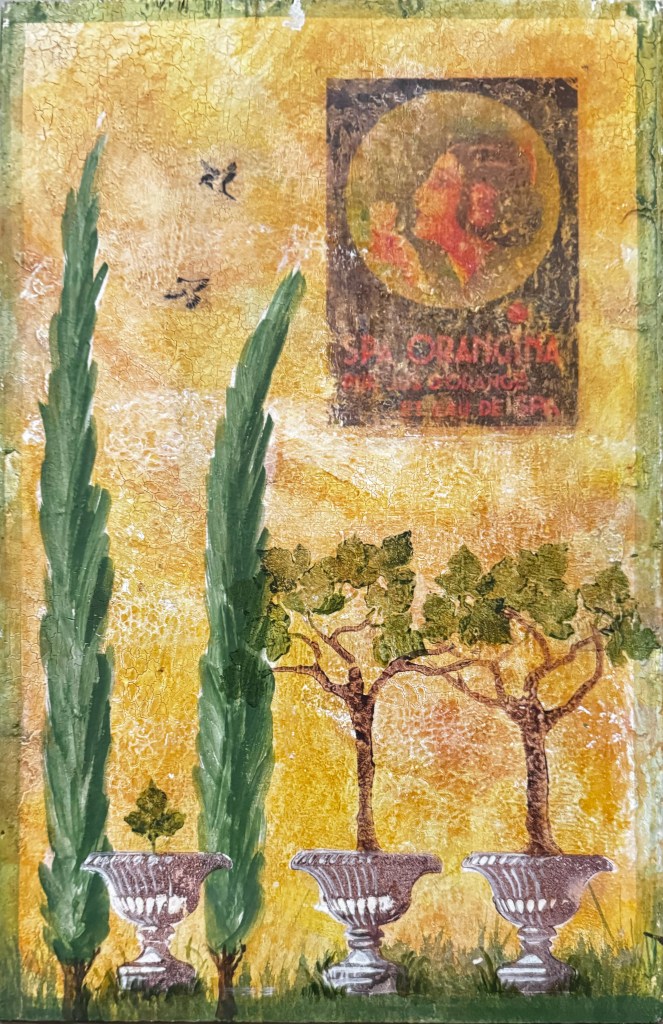 Two cypress trees on the left sway in the wind against a yellow background with an antique Orangina poster. 