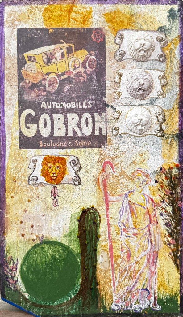 A white and pink maiden stands on the right with her shepherd's crook. Adorning the background are lions framed in blazon scrolls. Three of the lions are cast in plaster and mounted to the artwork while the 4th lion sits below an antique blue car poster and the lion is painted in vibrant orange and yellow. In the bottom left corner there is a grassy knoll and cacti stopping the motion. This elegant abstract composition is against a soft yellow background.