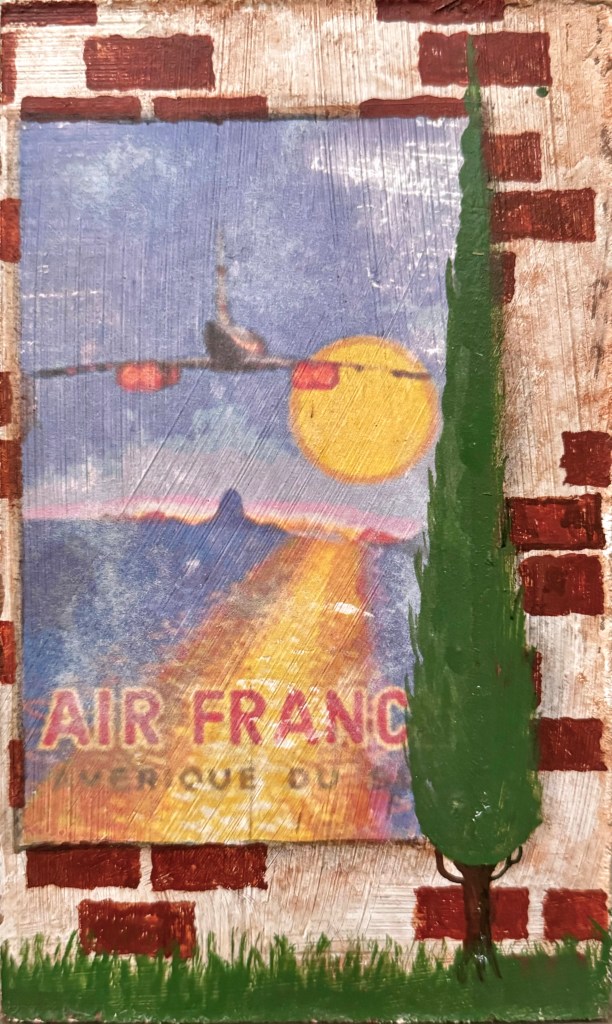 An antique Air France poster with an orange sunset, blue sky, and gray plane is framed by a cypress tree and brick wall.
