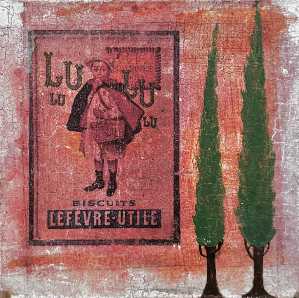 A vintage Lulu poster featuring a little boy with a shawl, hat, and satchel printed on a red background with two green cypress trees on the right side of the image.