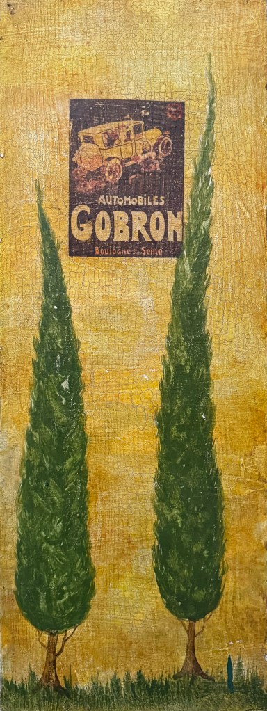 Two green cypress trees growing from delicate grass against a yellow ochre background with a vintage Gobron poster printed against the background