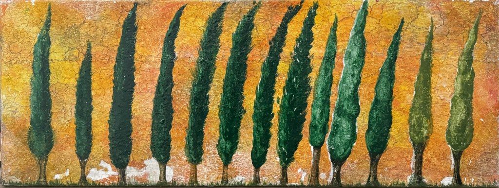 A line of 12 green cypress trees blowing in the wind against a yellow orange background