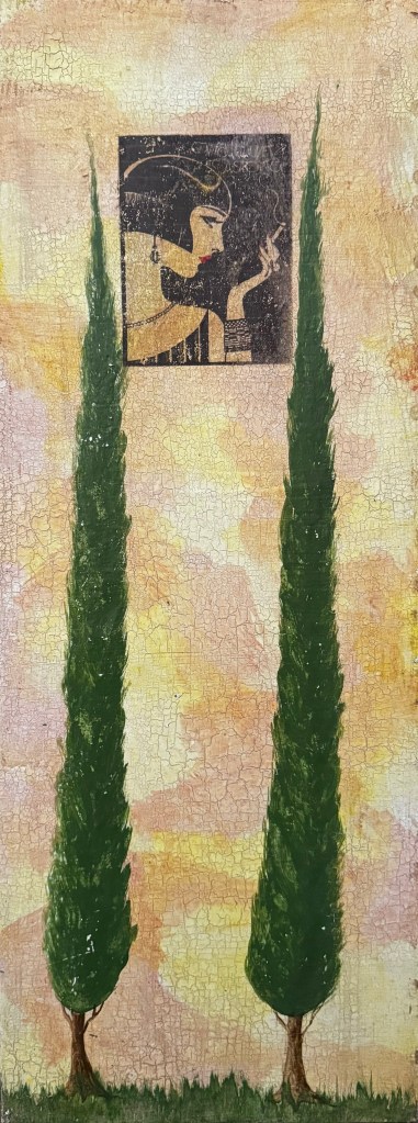 Two long green cypress trees growing from grass against a soft pink and yellow background with a vintage Waldorf Astoria poster of a glamorous woman.