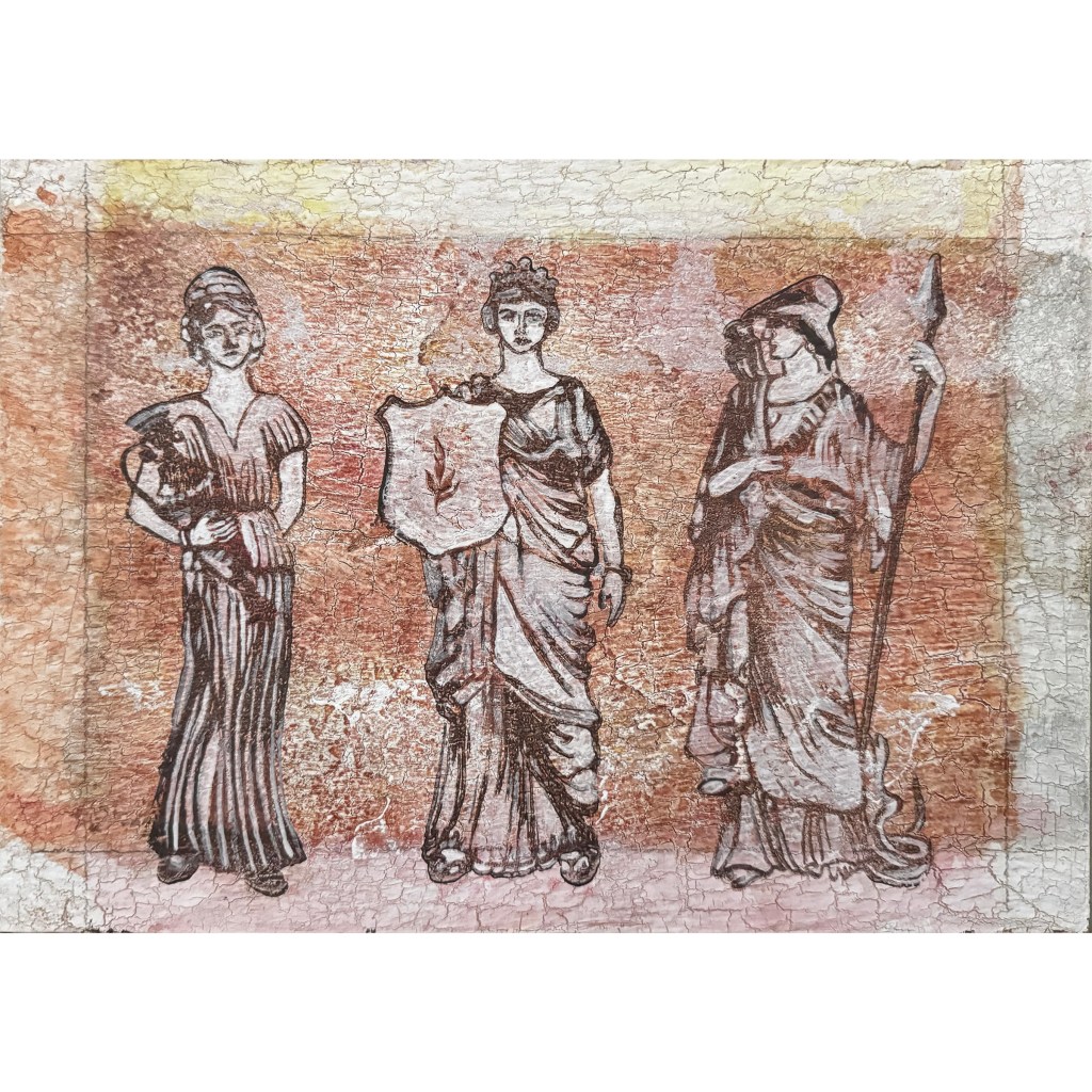 3 Warrior Women stamped in raw umber against a pink terracotta background
