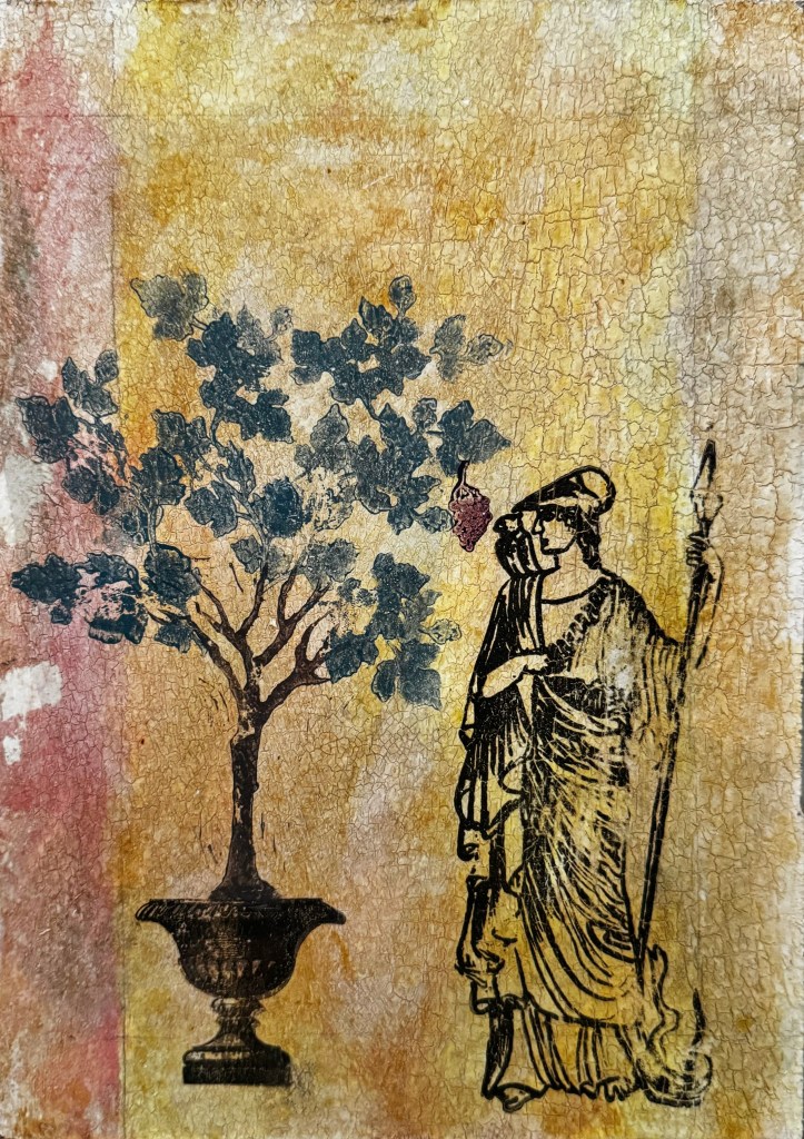 A Warrior woman stamped in umber against a yellow/pink background and a green tree sprouts from a vase to her left