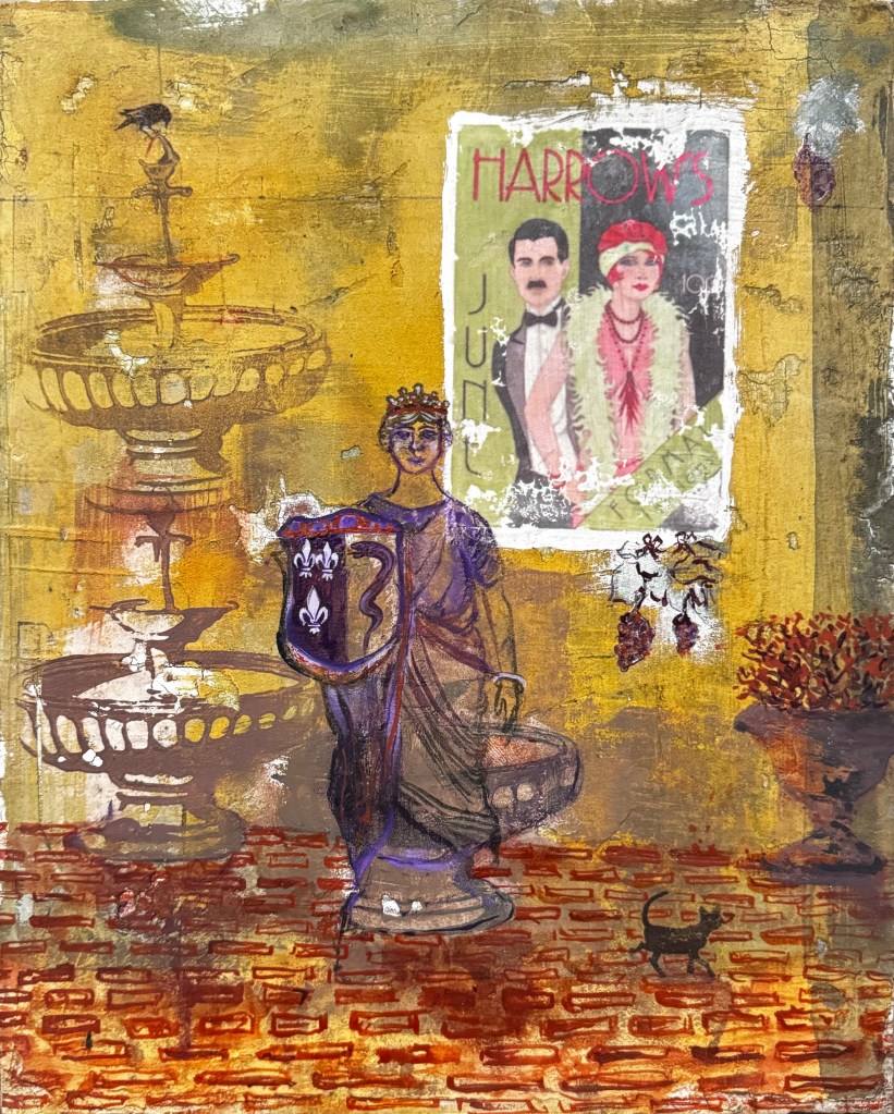 A purple warrior woman stands in the middle of a brick road with a yellow exterior painted, a old Harrow's poster, and a tan fountain to her left.