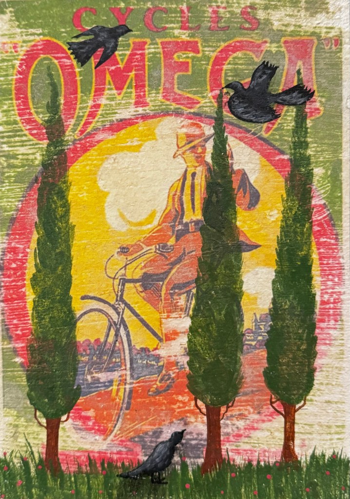 Three cypress trees are painted in front of a vintage Omega poster featuring a man on a bike wearing red. There is a green oval border and tree blackbirds flocking the scene. 
