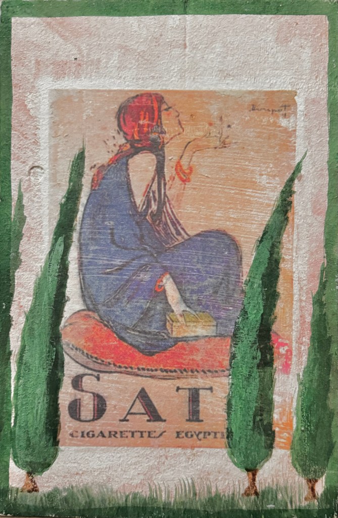 A woman on a vintage poster with a red head scarf and a blue jumpsuit. In front of the woman are three hand painted cypress trees blowing in the window.